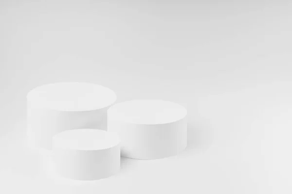 Abstract white stage with three round podiums as mockup. Template for presentation cosmetic products, goods, advertising, design, sale, text, display, showing in modern style.