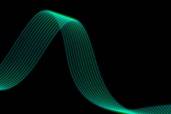Turquoise green blue glow neon wave line of light with dotted stripes on black background. Abstract background with flowing line in motion, light painting in vapor wave style.
