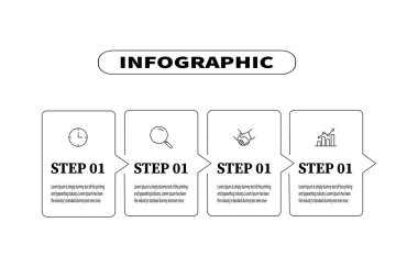 Dört elementin kare vektörler şablonu için bilgi grafiği bir iş kurmak için tasarım sürecini özetliyor. Web pankartları, diyagramlar, planlar ve iş akışları için bir konsept planının dört adımı