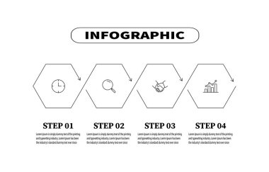 Bir iş konseptini sunmak için altıgen şeklini tasarım unsuru olarak kullanarak dört adım bilgi şablonu oluşturuldu. Vektör şablonu ağ pankartları ve diyagramlar için dört temel elementi belirler.