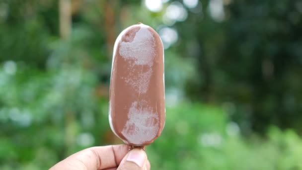 Persoană Mână Care Deține Ciocolată Aromă Înghețată — Videoclip de stoc
