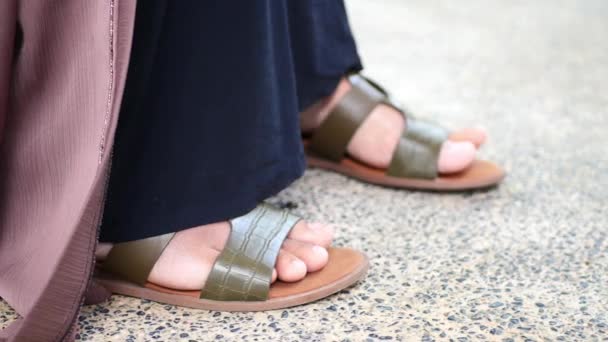 Close Girls Feet Wearing Sandal Indoor — Stock Video