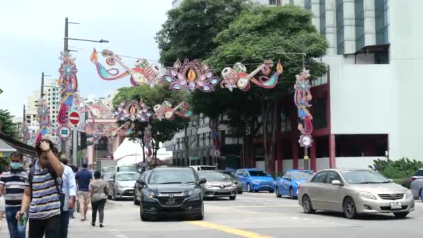 Сингапур Маленькая Индия Июня 2022 Вид Улицы Красочные Фасадные Здания — стоковое видео