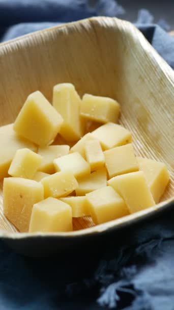 Close Cube Shape Fresh Cheese Bowl — Stock video
