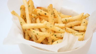 detail shot of French Fries on table .