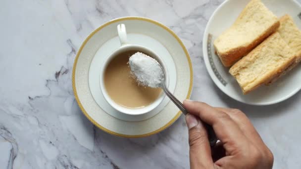 Vista Superior Colocar Açúcar Uma Xícara Chá — Vídeo de Stock