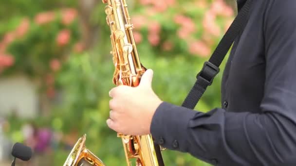 Mężczyźni Ręce Gra Saksofonie Zewnątrz — Wideo stockowe