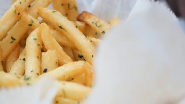 detail shot of French Fries on table .