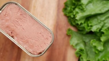 close up of canned meat on table ,