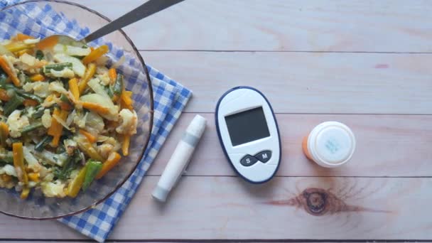 Diabetic Measurement Tools Healthy Food Table — Stock Video