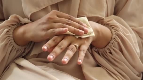 Young Women Disinfecting His Hands Wet Wipe — Stockvideo