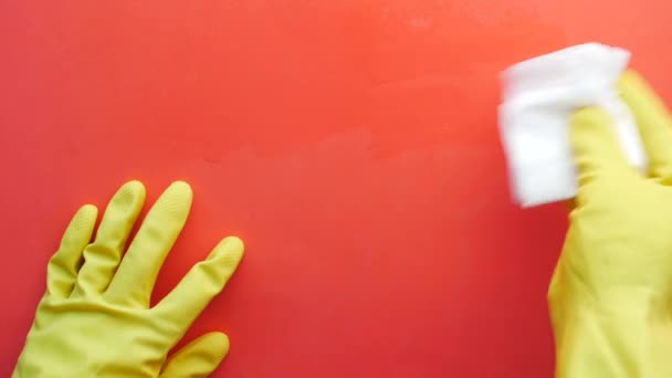 Tangan Biru Sarung Tangan Karet Membersihkan Meja Dengan Handuk — Stok Video