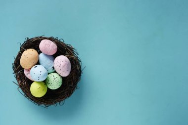 easter colorful eggs in a nest top view .