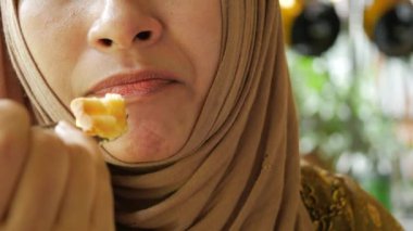 women eating lemon tart close up ,