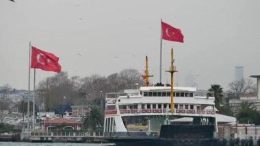 İstanbul şehir manzarası, feribot ve köprü.