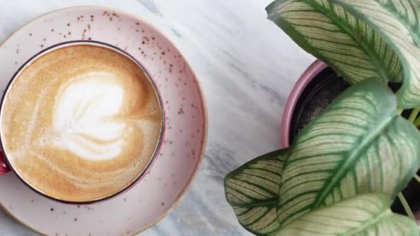 Una Taza Café Tardío Con Diseño Forma Flor Parte Superior — Vídeo de stock