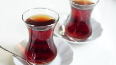 Traditional turkish tea on white table 
