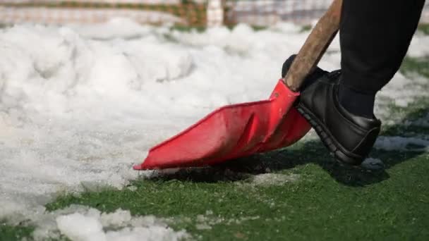 Men Using Red Blurry Snow Shovel — Stock Video