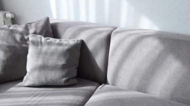 modern grey sofa with pillows in living room at home. High quality photo