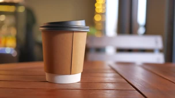 Take Away Paper Coffee Cup Cafe Table — Stock Video