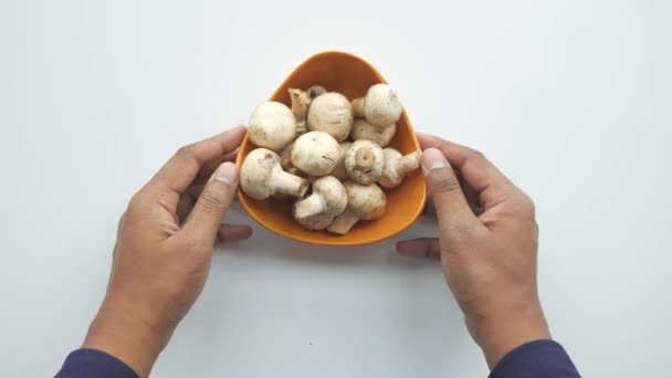 Fresh Champignons Mushroom White Bowl Table — 图库视频影像