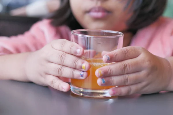 Child Holding Glass Orange Juice Close — Stock Photo, Image