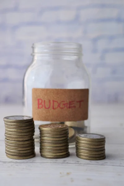 Budget Text Saving Coins Jar White — Fotografia de Stock
