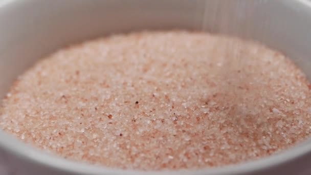 白の容器に生の乾燥ピンクのヒマラヤ塩 — ストック動画