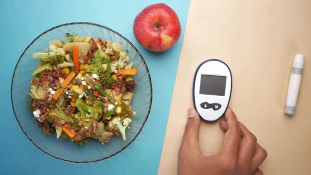 Диабетические Средства Измерения Здоровое Питание Столе — стоковое видео