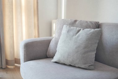 modern grey sofa with pillows in living room at home. High quality photo