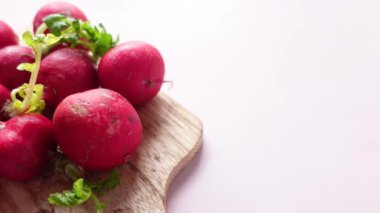 Fresh red radish bundle on table . High quality photo