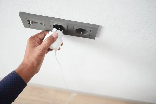 White Color Power Cord Cable Plugged Wall — Stock Photo, Image