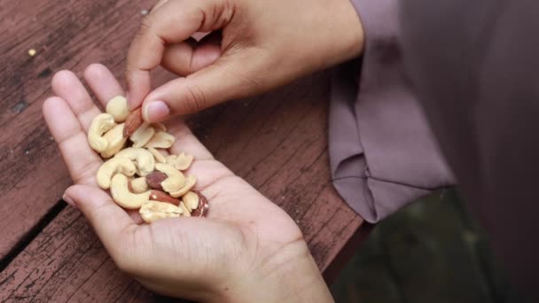 Pohled Zezadu Ženy Jíst Ořechy — Stock video