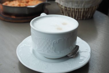 hot cake coffee on cafe table ,