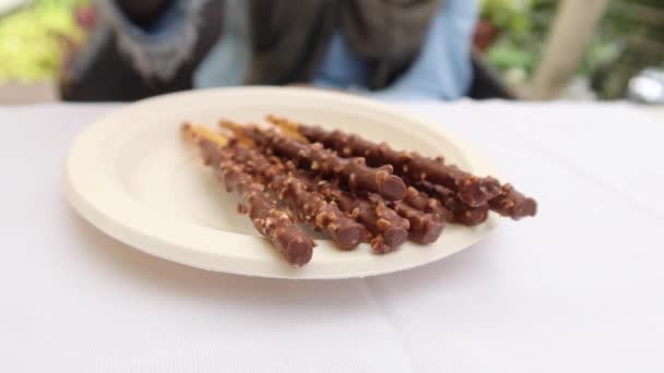 Almond Nut Dark Chocolate Stick Table — Vídeo de Stock