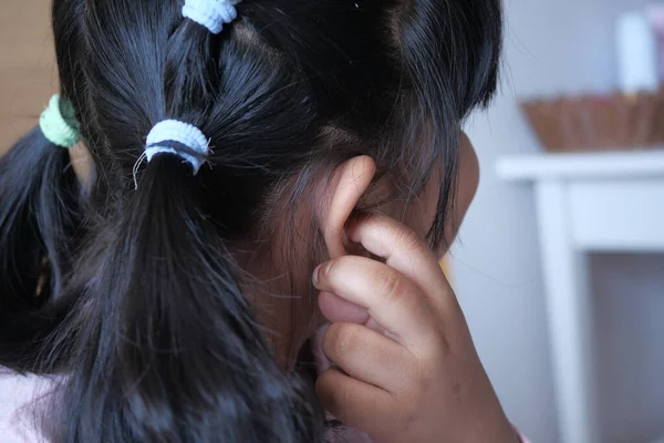 Child Girl Having Ear Pain Touching His Painful Ear — Stock Photo, Image