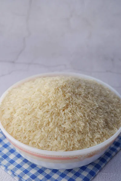Nasi Putih Panjang Dalam Mangkuk Atas Kayu Latar Bawah — Stok Foto