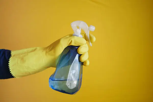 Holding Plastic Bottle Spraying Disinfect — Stok fotoğraf