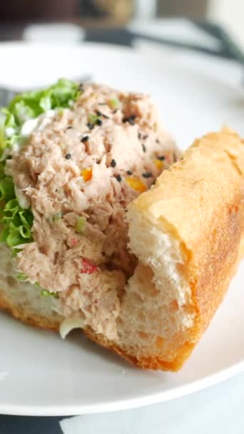加蛋黄酱的金枪鱼三明治放在桌上的盘子里 — 图库视频影像