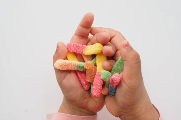 Bonbons Colorés Gelée Sucrée Sur Main Enfant — Photo