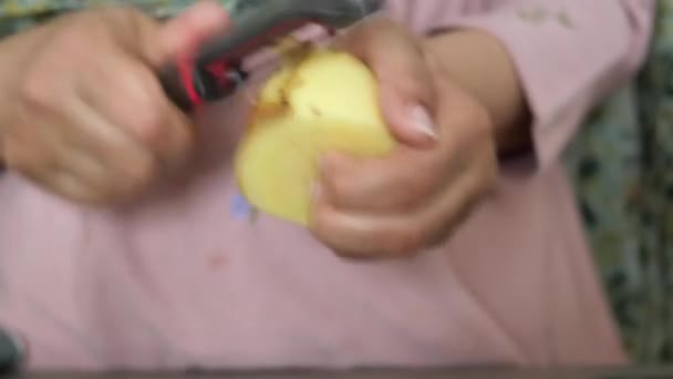 Vrouwen Met Aardappelschiller Die Huid Van Rauwe Aardappelen Nemen — Stockvideo
