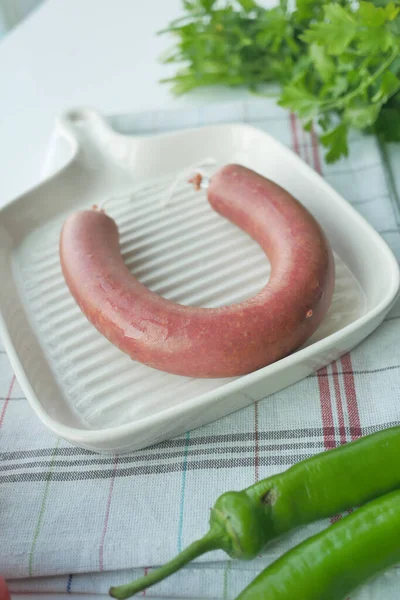 Sausages Chili Table Cloth Table — Stock Photo, Image