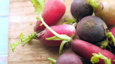 Fresh red radish bundle on table . High quality photo