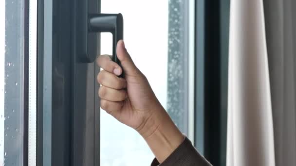 Hand Open Gray Plastic Pvc Window Home — Stock Video
