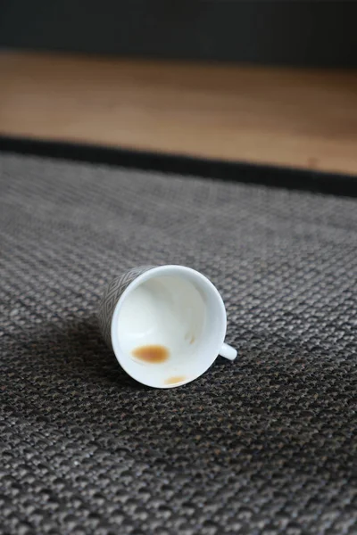 Cup Coffee Spilled Gray Color Carpet — Zdjęcie stockowe