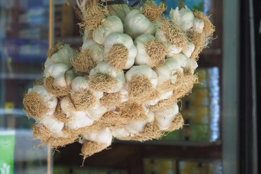 Yerel bir dükkanda sarımsak asılıydı. .