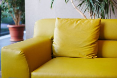 modern yellow sofa with pillows in living room at home.