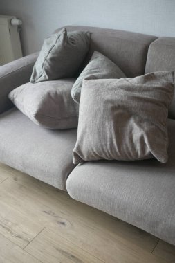 modern grey sofa with pillows in living room at home. High quality photo