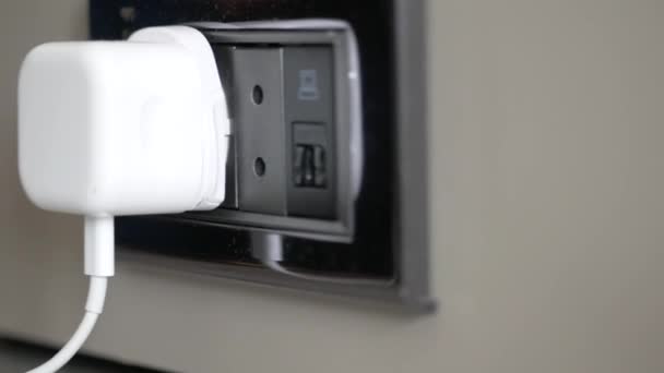 White Color Power Cord Cable Plugged Wall — Wideo stockowe