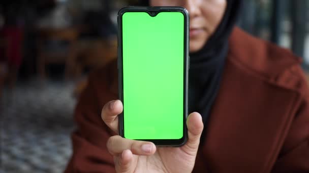 Ręka Trzymając Telefon Komórkowy Pionowym Zielonym Ekranem Ulicach — Wideo stockowe